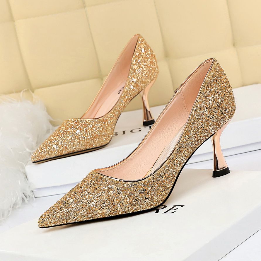 gold sequin high heels