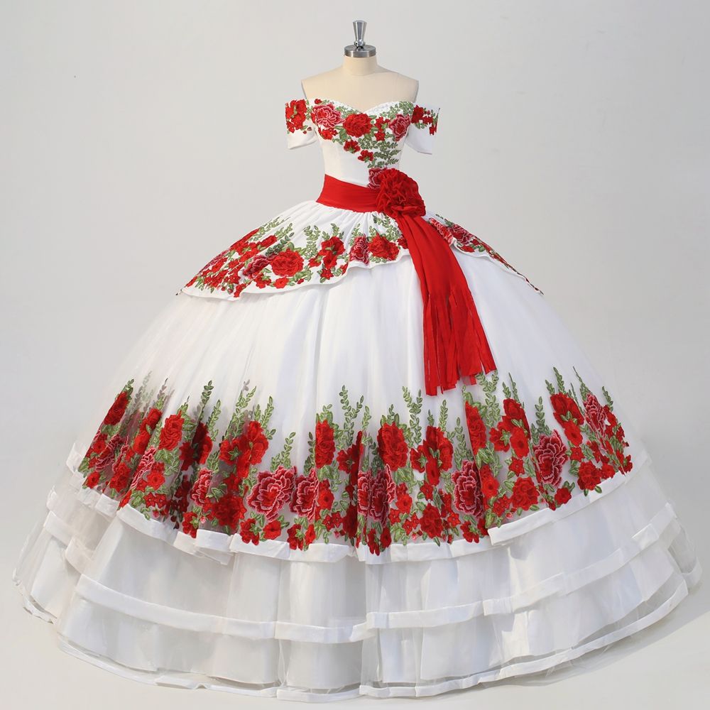 Flores floral de la manera 3D Blanco Rojo vestido de vestidos de baile del