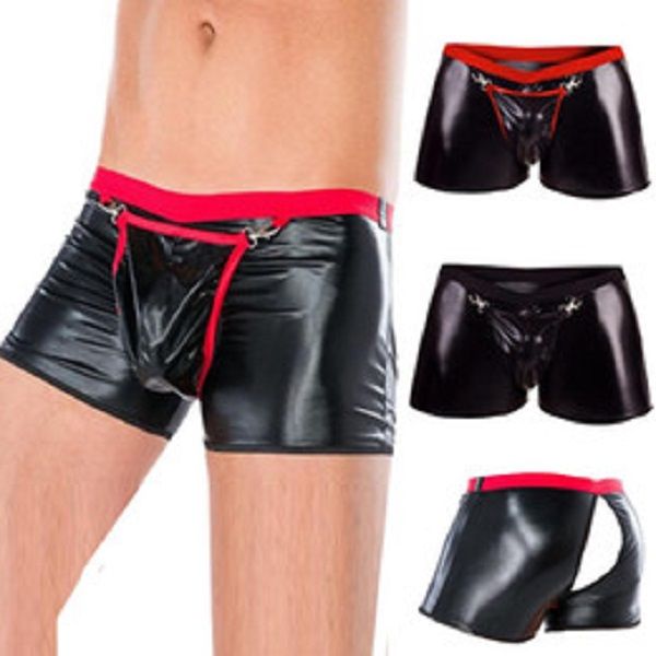 Men Open Crotch Leather Boxer Shorts 