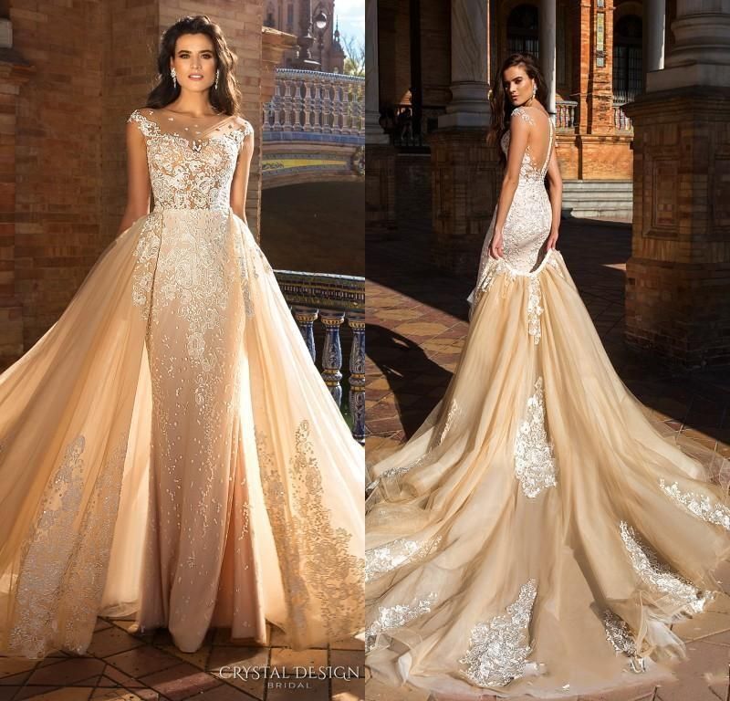 Crystal Design 2018 Mermaid Wedding Dresses Bridal Capped Sleeves Jewel Neck Bodice Detachable Skirt Illusion Back Detachable Train Simple Wedding Dress Black And White Wedding Dresses From Gfgsvvvv 183 7 Dhgate Com