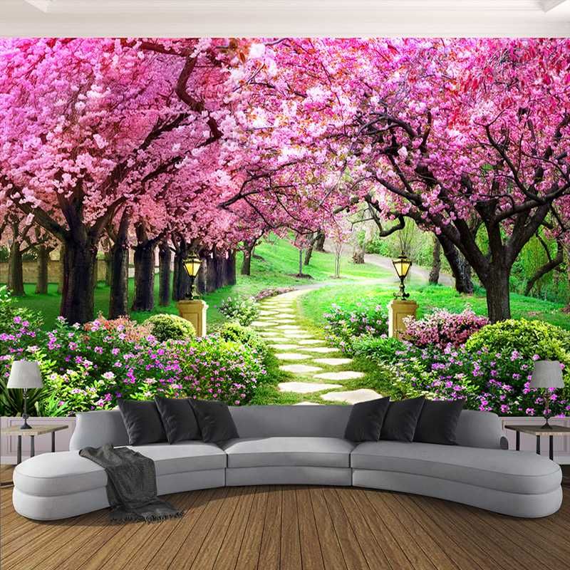 Custom 3D Photo Wallpaper Flower Romantic Cherry Blossom Tree Small Road  Wall Mural Wallpapers For Living