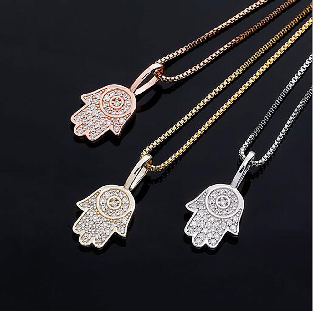925 Sterling Silver Iced Hand Of Fatima Hamsa Pendant Necklace With 3mm ...