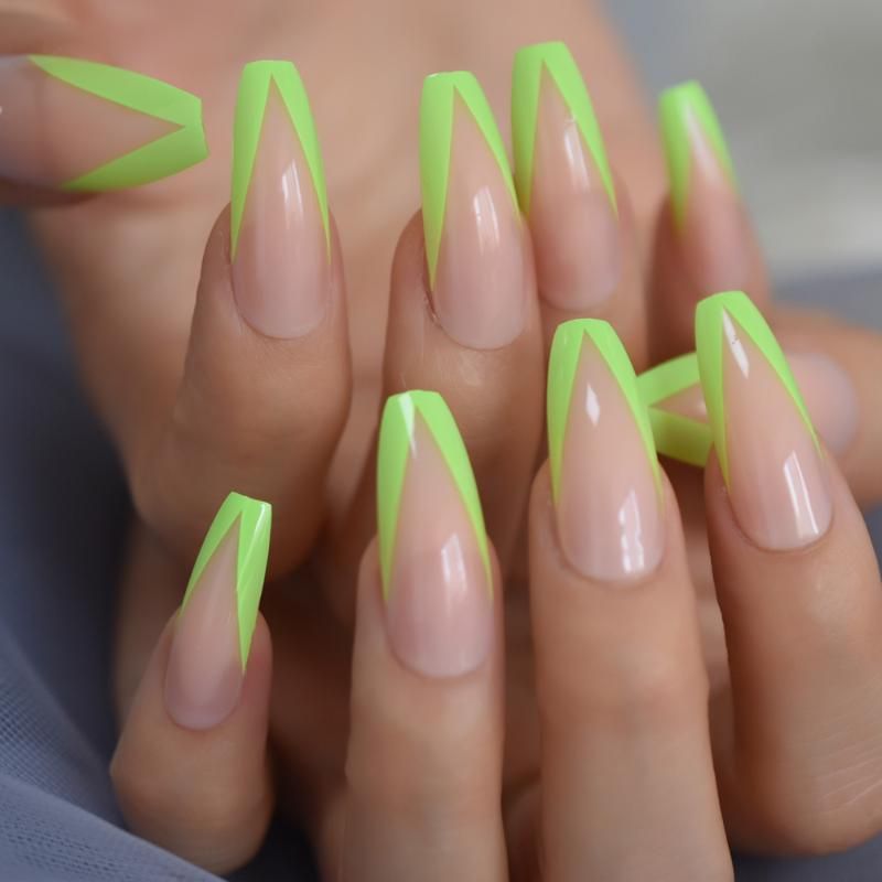 Neon Fake Nails Nude French Nail Extra Long Ballerina Green V Shape Faux Ongles With Adhesive Glue Sticker 24 From May512 10 74 Dhgate Com