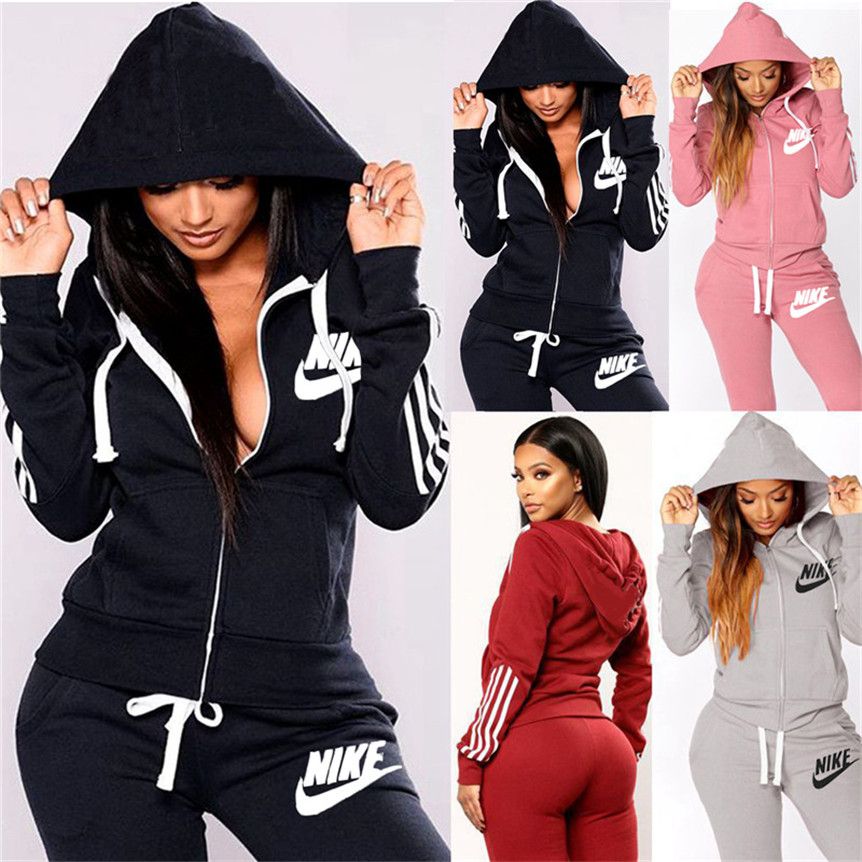 2020 Women Designer Tracksuit Hooded Two Piece Sets Sports Outfits Long ...