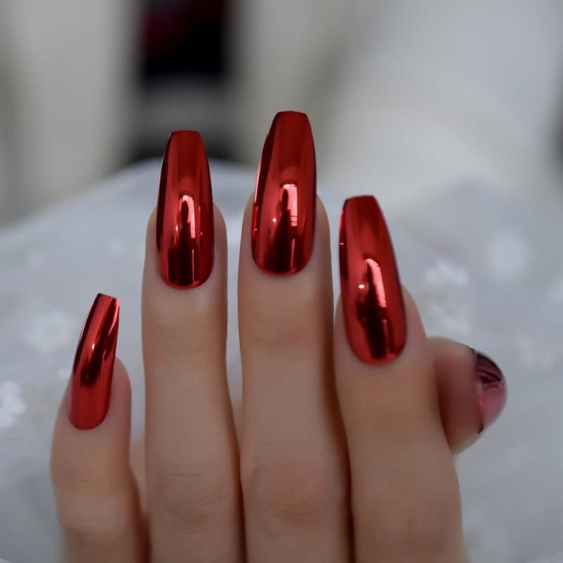 Magnífico espejo falso uñas sexy rojas metálicas para damas uñas extra  larga bailarina moda uñas arte