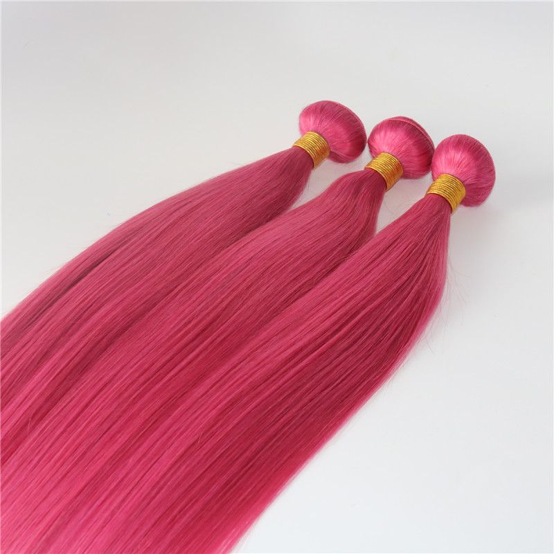 Extensions Hot Pink Fuchsia Human Hair Weaves Brazilian Straight Virgin  100gram/piece