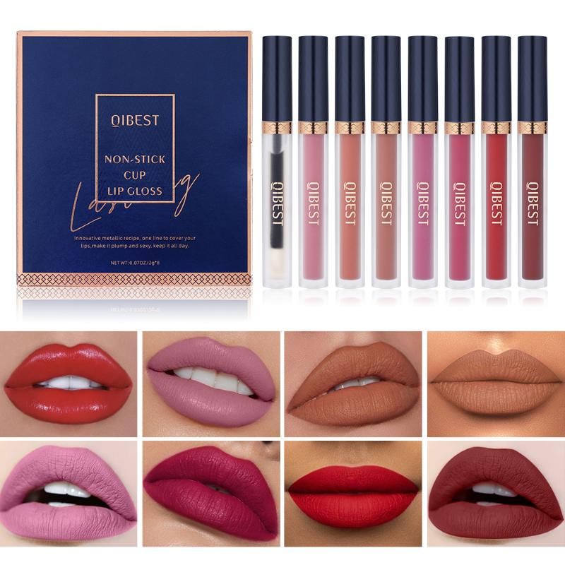 QIBEST 7+1 Liquid Lipstick Set Velvet Matte Lip Stick+Volumising