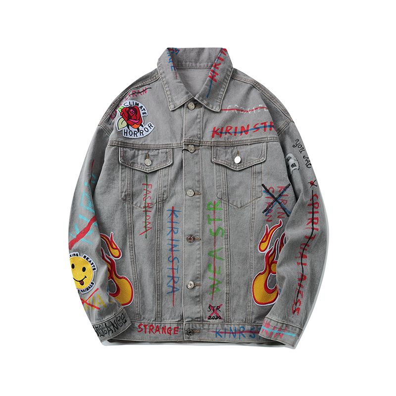 Graffiti Flame Painted Jeans Jacket Men 