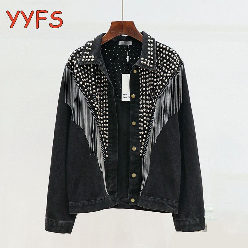 Hand Studded Rivet Tassel Chain Denim Jackets Women Streetwear Short Jeans Jacket Chaquetas 