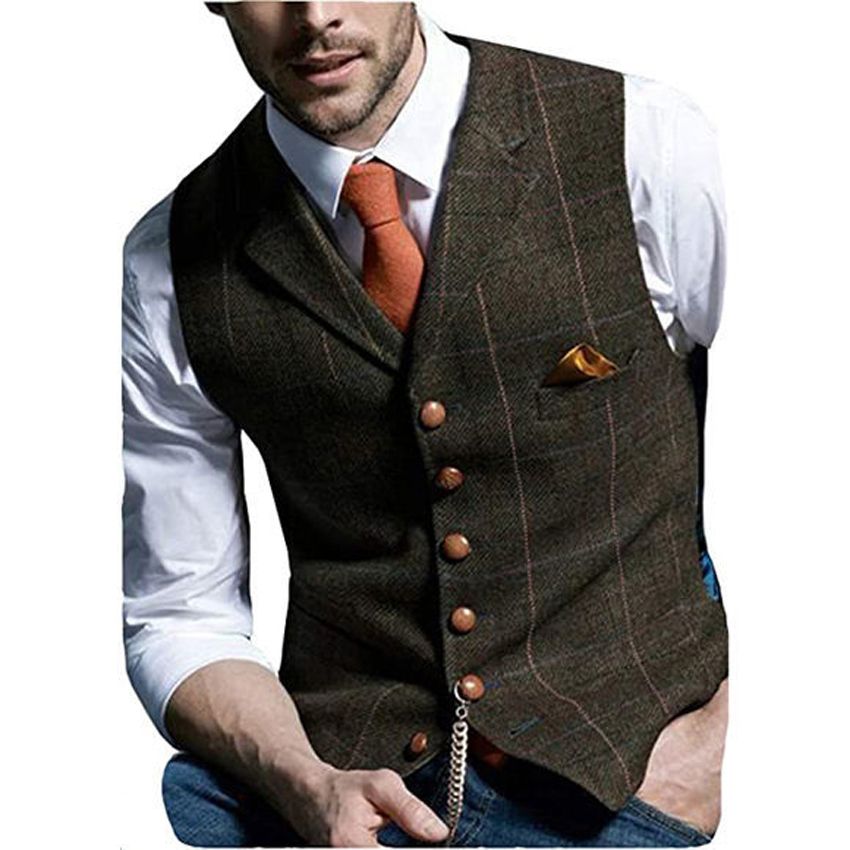 Dark Brown Mens Vest Tweed Waistcoat Notch Lapel Wool Herringbone Man