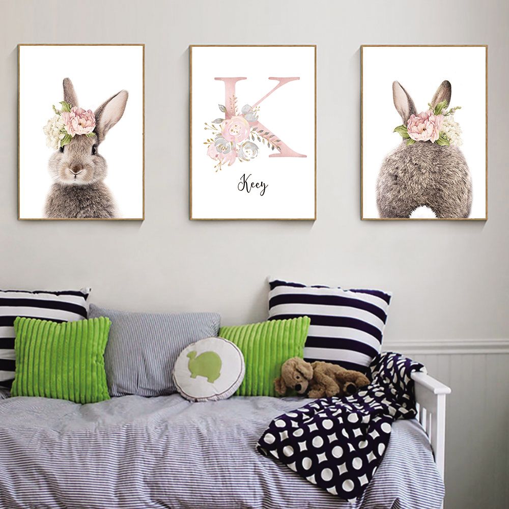 2021 Rabbit Canvas Poster Nursery Wall Art Painting Girls Custom Name Poster Pink Flower Print Nordic Wall Pictures Baby Room Decor From Zuihangyuan1 8 63 Dhgate Com