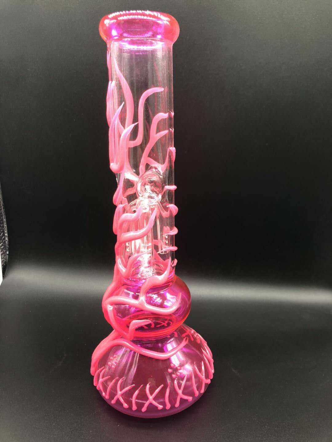 Glow In The Dark Pink 10 inch Water Pipe Glass Bongs Hookah Smoking Beaker Bong 