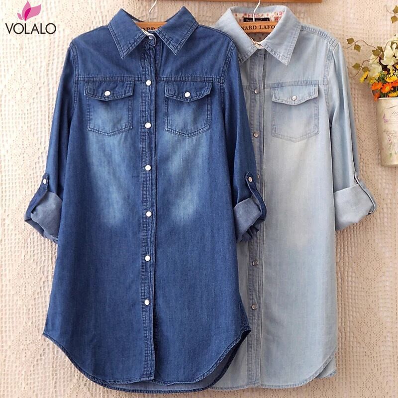 Compra Verano Mujer Denim Camisas Largas Femenina Mujeres Ocasionales De  Jean Del Algodón De La Blusa De Las Mujeres Tops Saque Los Bolsillos Por  Las Azules Claras Barato | Entrega Rápida Y