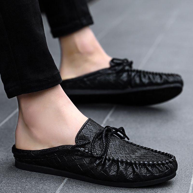 Men Breathable Summer Half Slippers Flat Shoes Slip On Close Toe Leather Sandals 