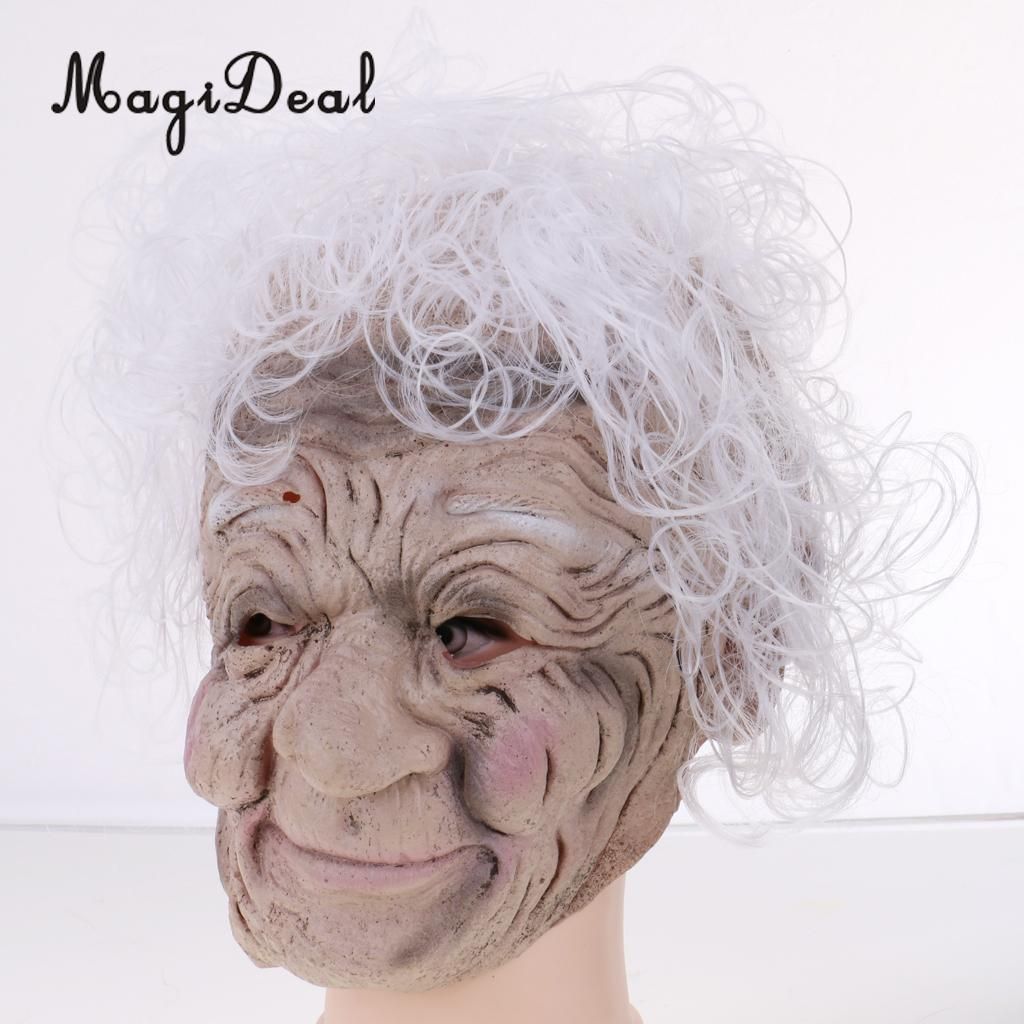 MagiDeal Ugly Halloween Latex Full Front Face Mask Wrinkled Old Women Witch  Mask Grandma Grey Hair