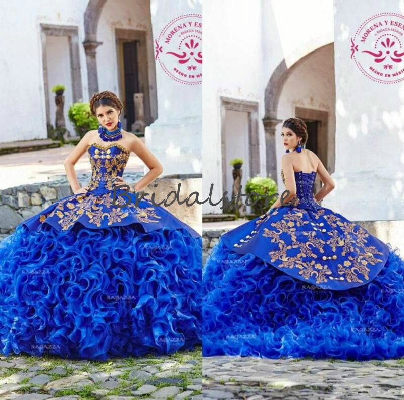 Royal Blue Quinceanera Dresses Mexican 2020 Gorgeous Gold Appliques Prom Gowns Heavy Handmade Organza Ruffles Sweet 16 Pageant Dress Corset From Bridalstore, $118.9 | DHgate.Com