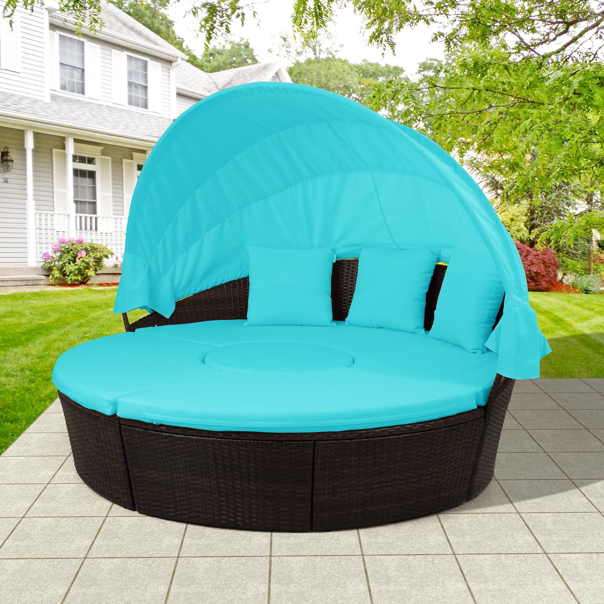 2020 Usa Stock Blue Patio Furniture Round Outdoor Sectional Sofa Set Rattan Daybed Sunbed With Retractable Canopy Height Adjust Sh000086aac From Dressave 759 11 Dhgate Com
