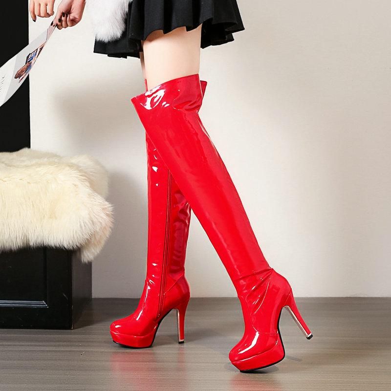 Loco Desafío Extensamente Rodilla negro rojo de alta botas de invierno de las mujeres botas de charol  suave de