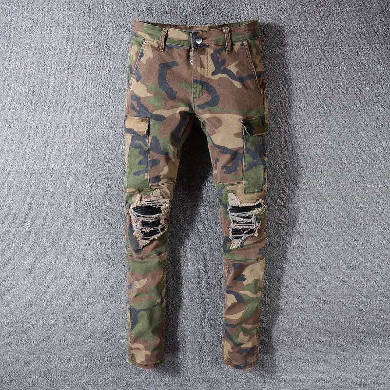 camo jeans with red stripe