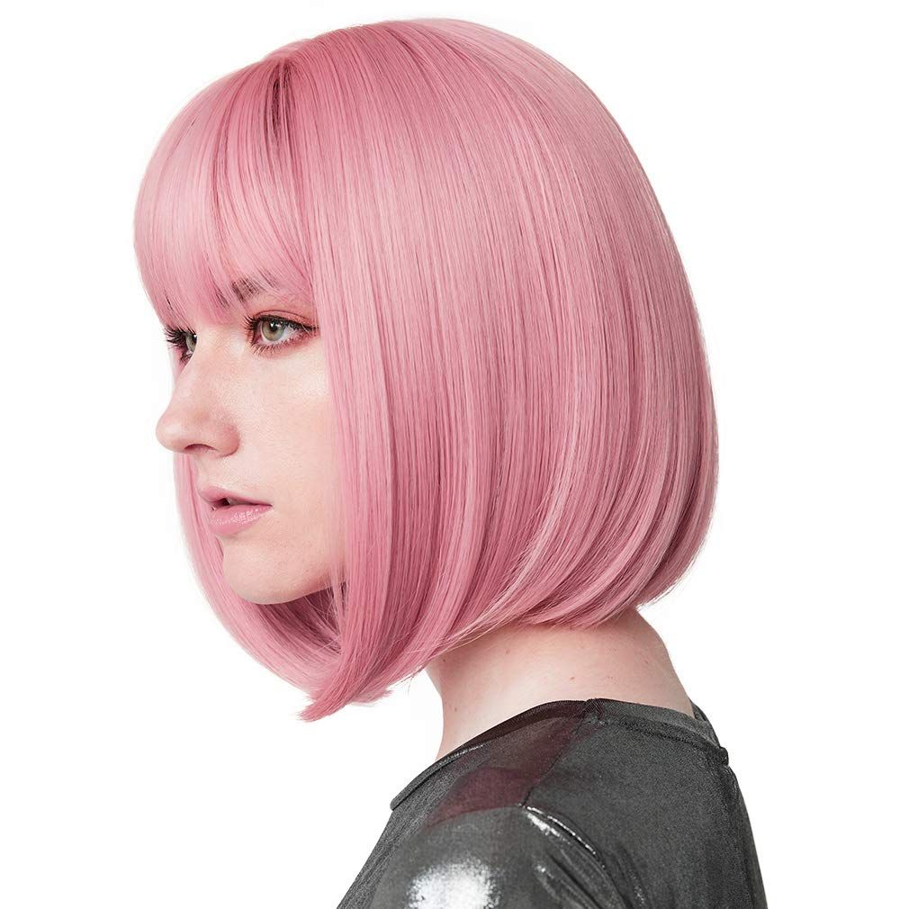 11" Short Bob Wig with bangs Synthetic Hair for White Black Women Cosplay  Color: Brown with Auburn Highlights