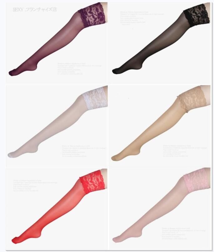 Colores rojos Medias de encaje sexy para mujeres muslo sobre las medias de la rodilla