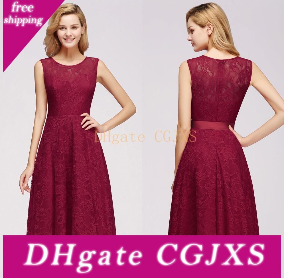 tea length burgundy bridesmaid dresses