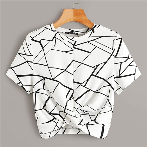 Shein Torsión Hem Hem Cruz Geo Imprimir Crop Top verano de las mujeres ocasionales la blusa manga corta para mujer Tops y Blusas