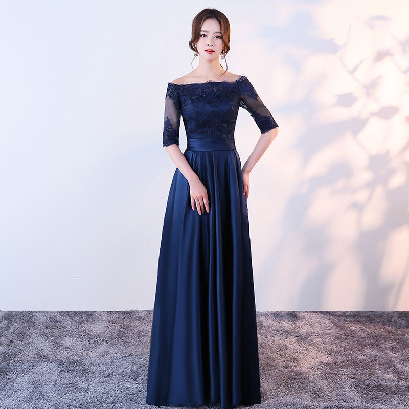 Navy Blue Boat Neck Lace Satin Floor 
