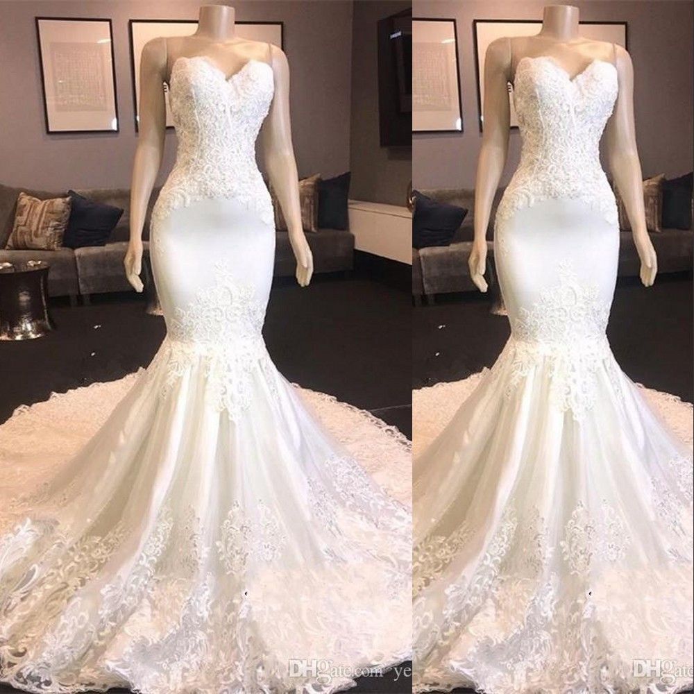 Arabic New Cheap Mermaid Wedding Dresses Sweetheart Sleeveless Lace