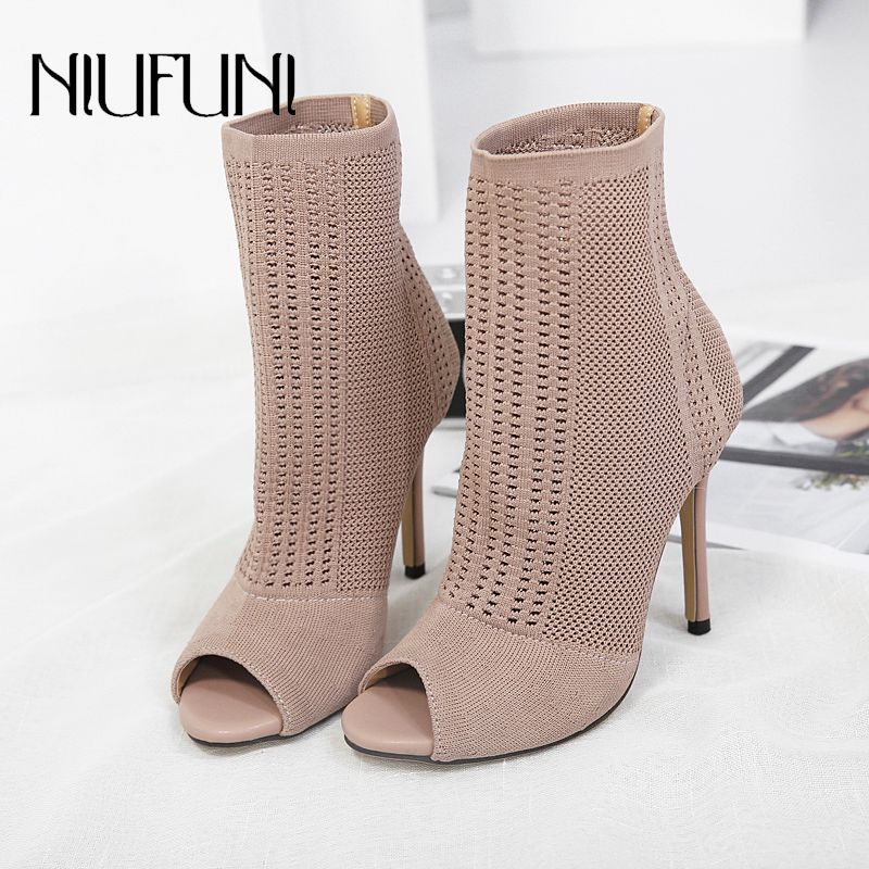 Meet fashion Pointed Toe Womens Short Boots Solid Knitting Metal Square Heels 7cm Boots Womens High Heels 
