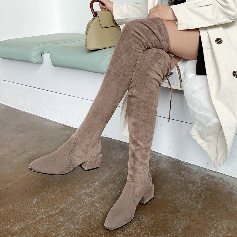 Women Faux Suede Low Flat Heel Stretch Over The Knee High Thigh high Snow Boots