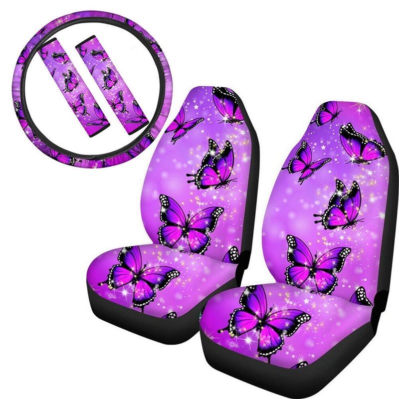 Universal Car Front Seat Covers Set Lilac Butterfly Printing Armrest