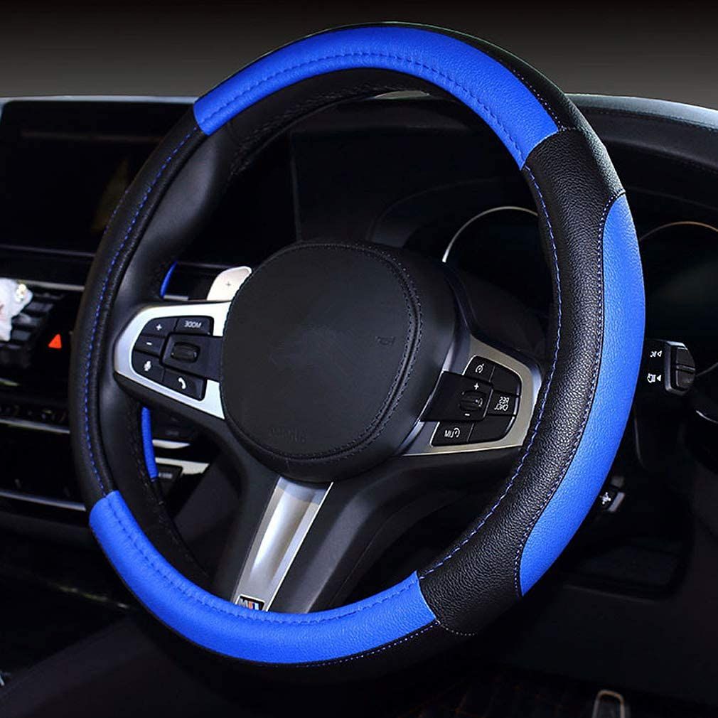 15 inch Blue Leather Steering Wheel Cover