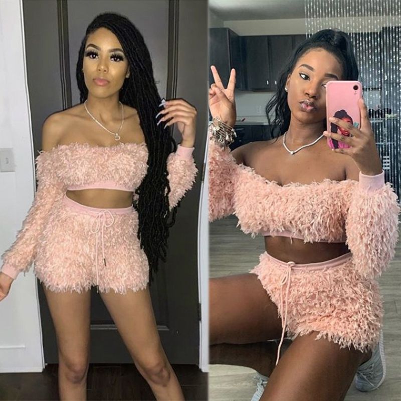 Womens Tracksuits Cute Pink Fluffy Sweater Set Women Off Shoulder Long  Sleeve Crop Top Shorts Sexy Club Outfits From Baicao, $36.21 | DHgate.Com