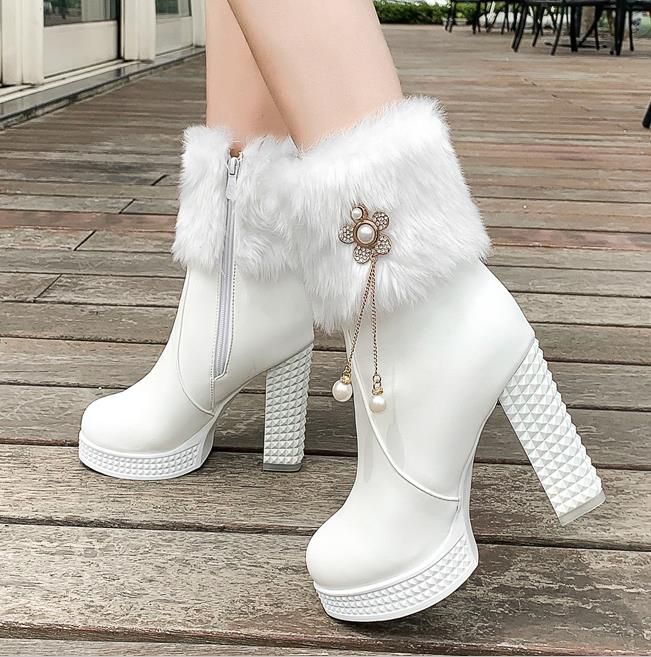 vergeten Eigenlijk Ontslag Hot Koop Kwaliteit Dames Laarzen Mooie Warm Wit Bont Boots Platform Hoge  Hakken Enkel Slaarzen Luxe