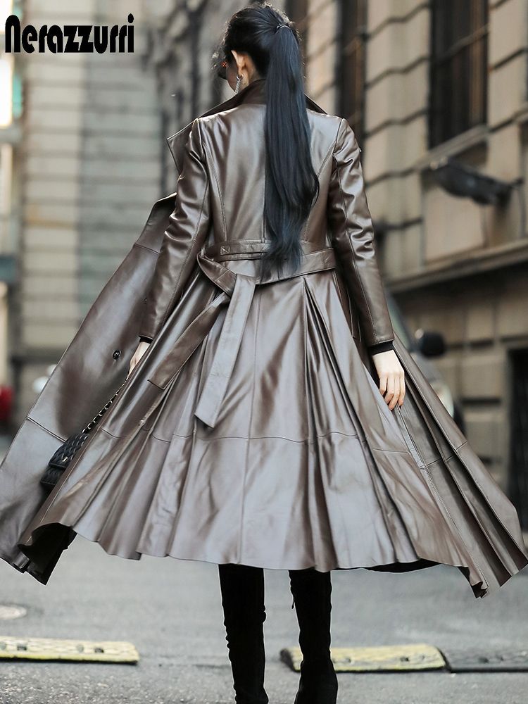 Nerazzurri Maxi fit and flare leather trench coat for women 2021 spring Long luxury designer clothing women long sleeve lapel