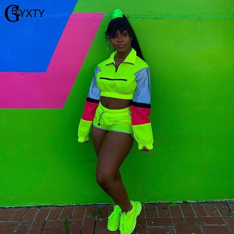 Womens Tracksuits GBYXTY Neon Two Piece Reflective Sport Tracksuit Long  Sleeve Crop Top And Shorts Women Set Outfit ZL330 From Guohon, $ |  