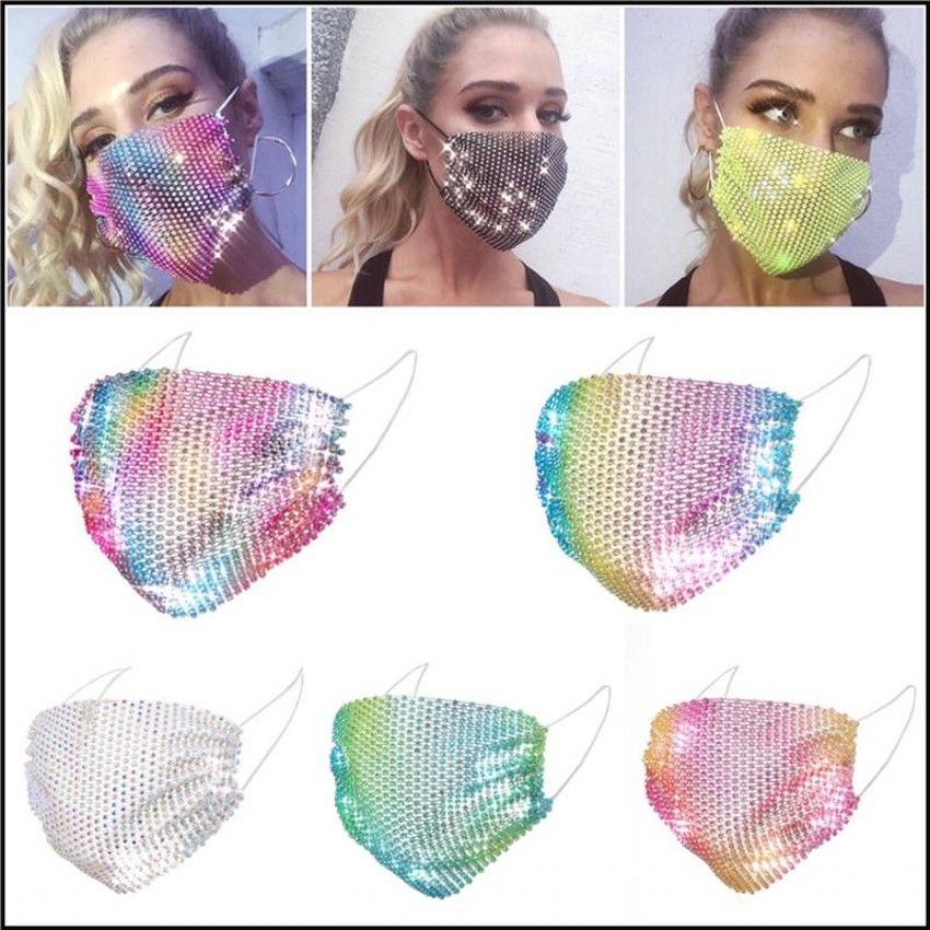 2021 DHL Mode Masques de maille colorée Bling Diamond Party Masque Strass Grille Net Masque Nettoyable Sexy Masque creux pour femmes