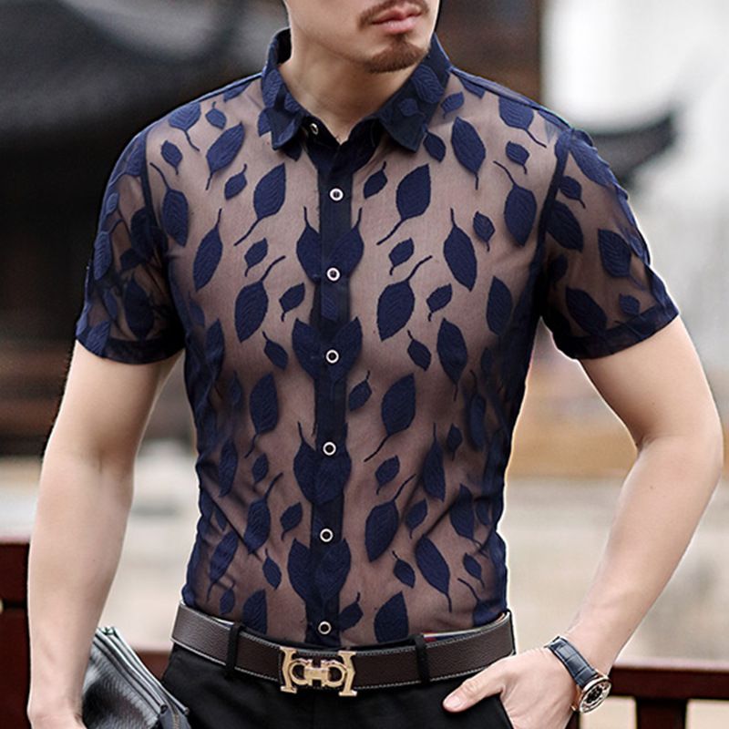 Mens Casual Shirts Transparent Floral Embroidery Men Short Sleeve See Through Camisa Social Masculina Sexy Lace Chemise Homme From Insideseam, $49.68 | DHgate.Com