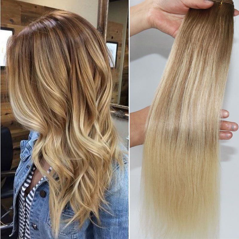 #8 60 Balayage Human Hair Extensions Ombre Medium Brown Ombre Hair #613 #60  Light Blonde With Highlights 100gram