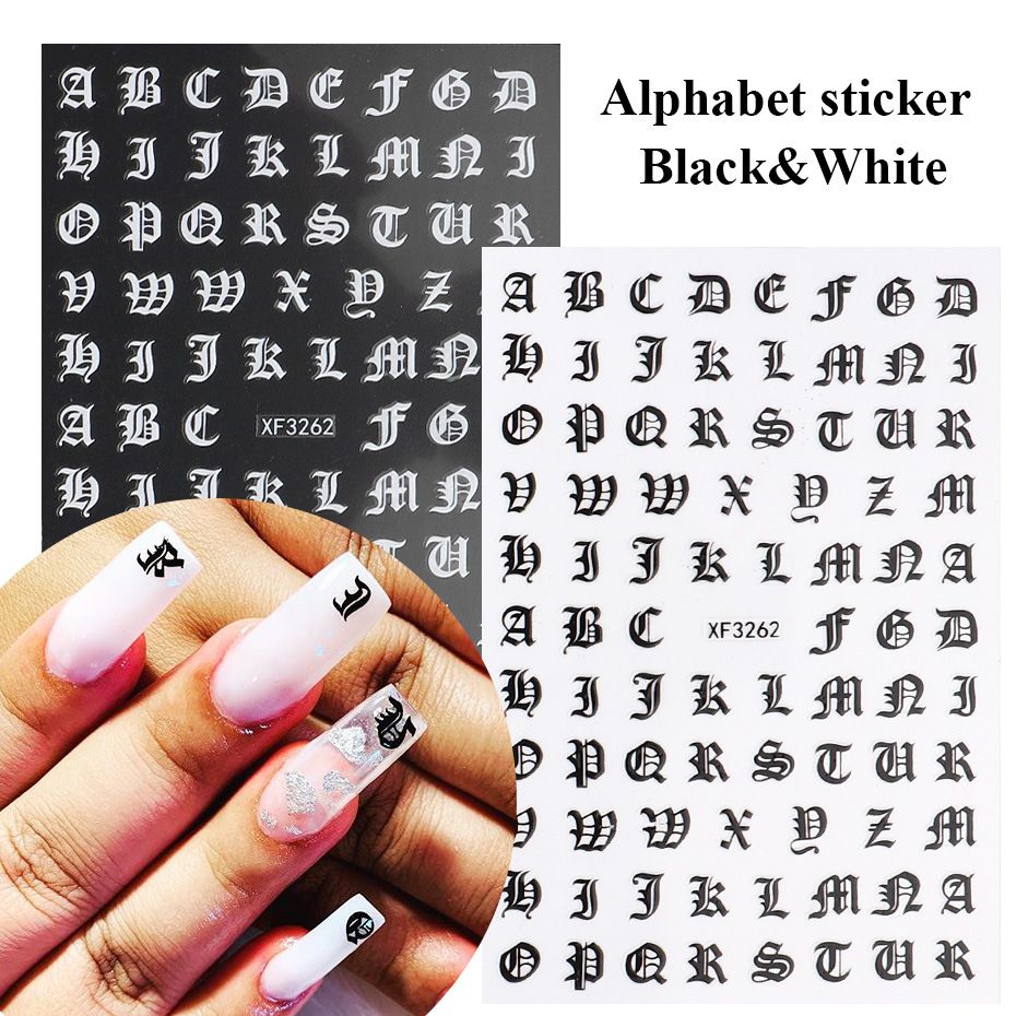 Newest She-029 Black And White Gold Alphabet Nail Letter Stickers