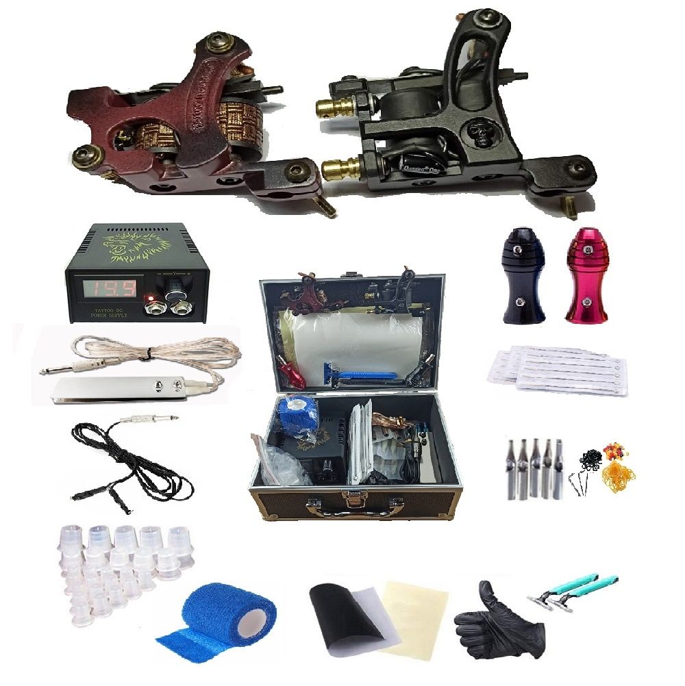 Complete Tattoo Kit 2pcs Coil Machine Power Supply 25 Needles Tips Grips Travel Case Tattoo Supplies Complete Tattoo Kit 2pcs Coil Machine Power Supply 25 Needles Tips Grips Travel Case Tattoo Supplies