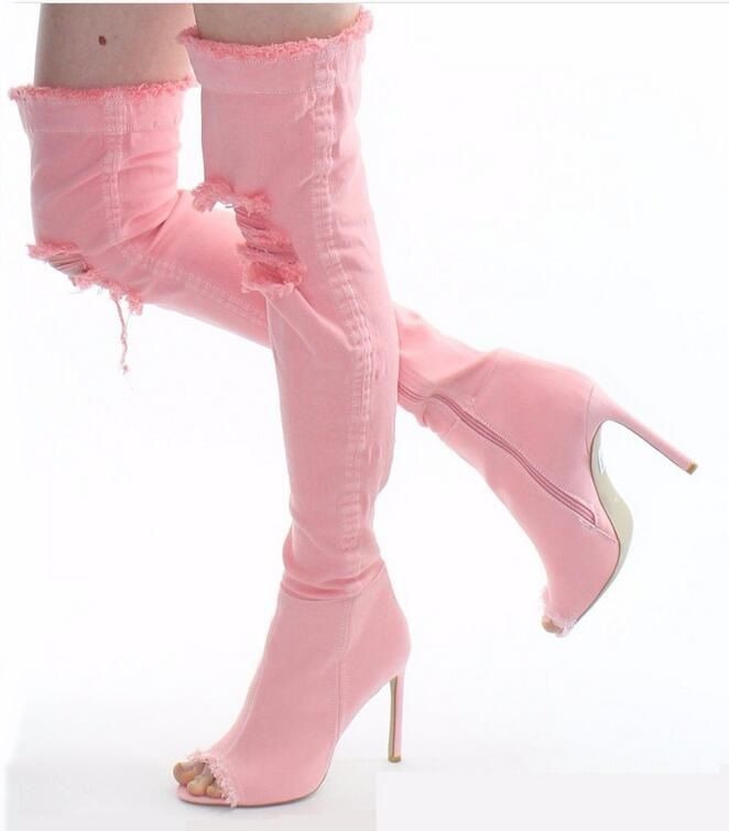pink knee high heel boots