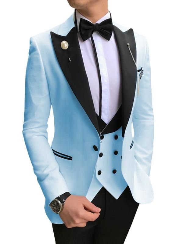 2020 Sky Blue Mens Suits Casual Peaked Black Collar Tuxedos Groomsmen