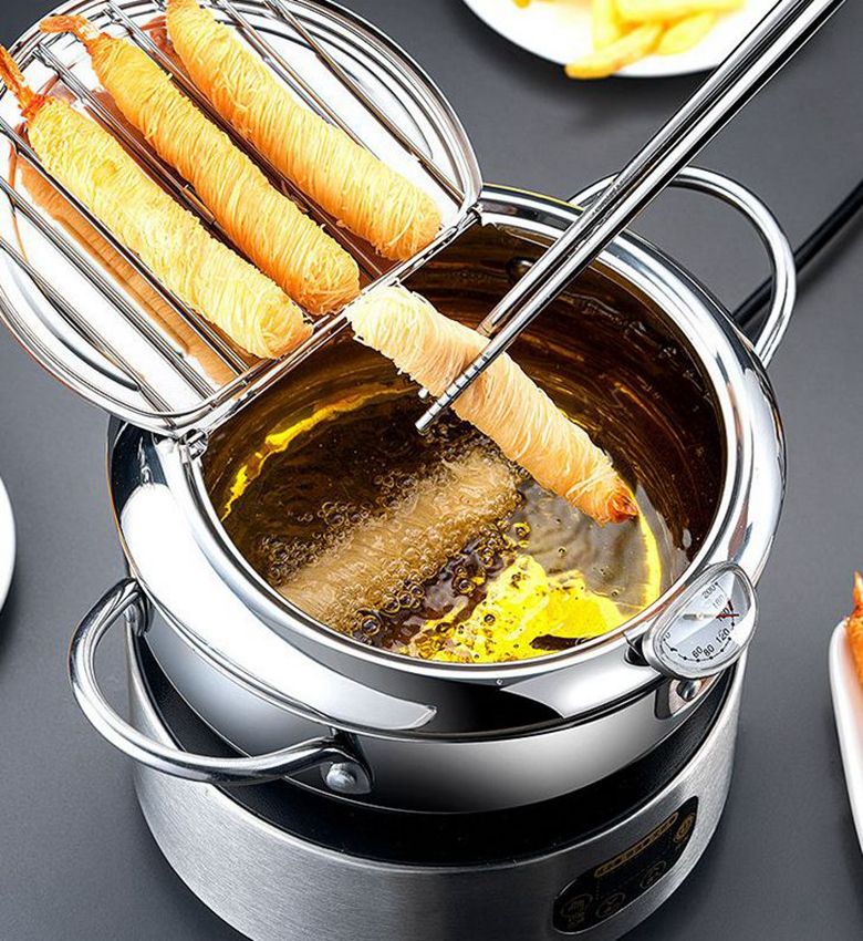 Deep Fryer Pan Frying Pot Strainer Thermometer for Induction Cooker Oil