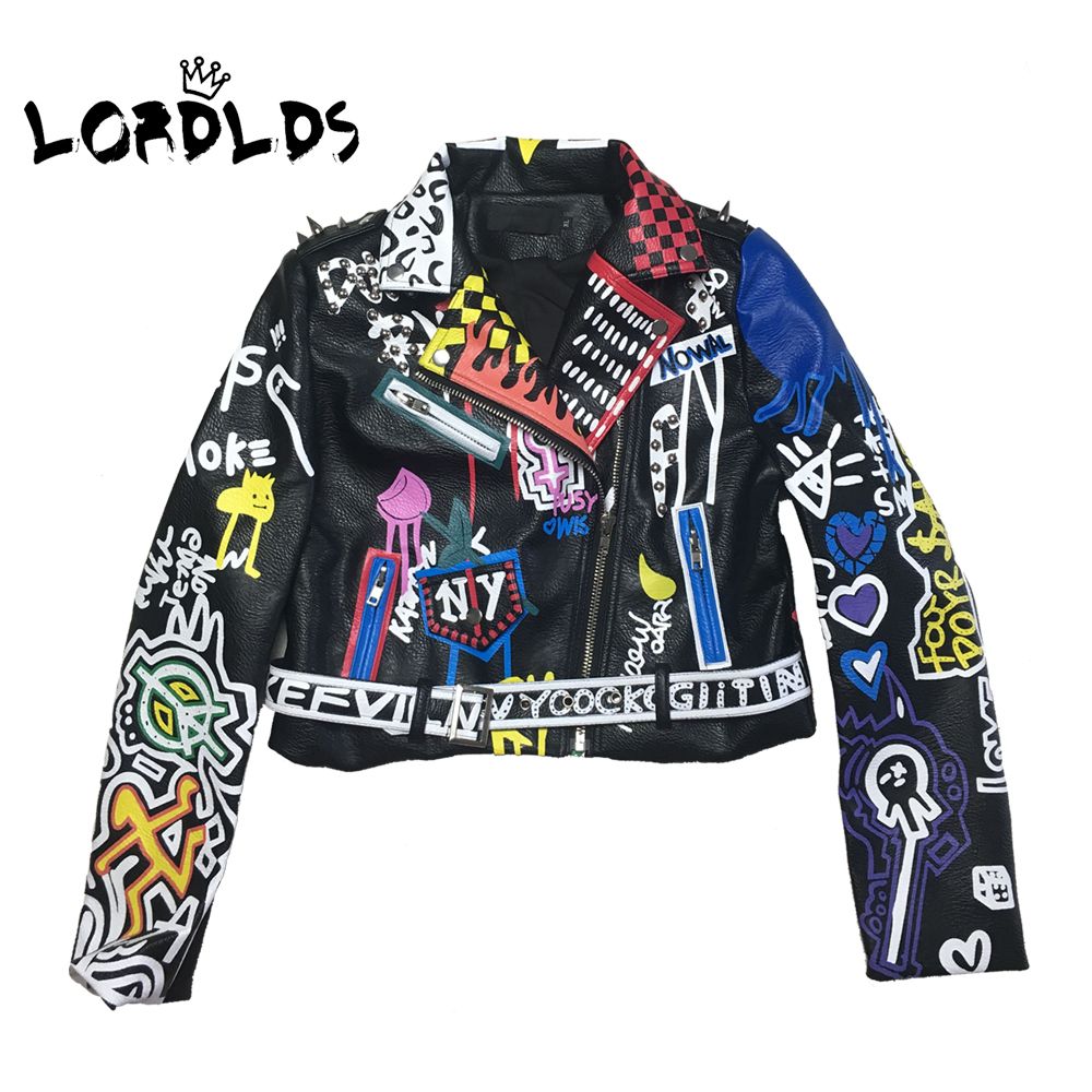 Lordlds Leather Jacket Women Graffiti Colorful Print Biker Jackets And Coats Punk Streetwear Ladies Clothes Lj200813 Flight Jackets Custom Leather Jackets From Luo01 92 6 Dhgate Com