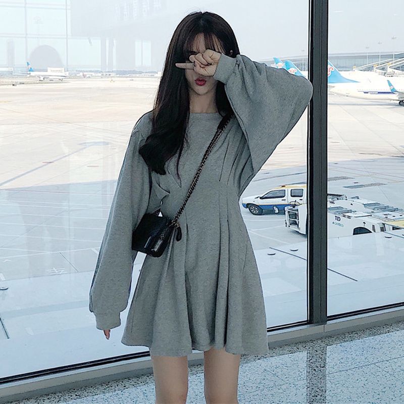 Casual Dresses Korean Fashion Slim Fit Grey Hoodie Dress Women Kpop Clothes Harajuku Solid Pullover Long Sleeve Pleated T Shirt From Angorabest 23 8 Dhgate Com