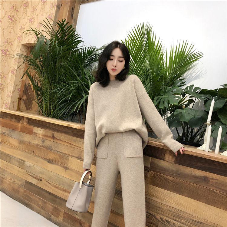 Women Fur Cashmere Knitting Jumper Tops+Pants Sets Knitted Sweaters Trousers 2 Pieces Suits