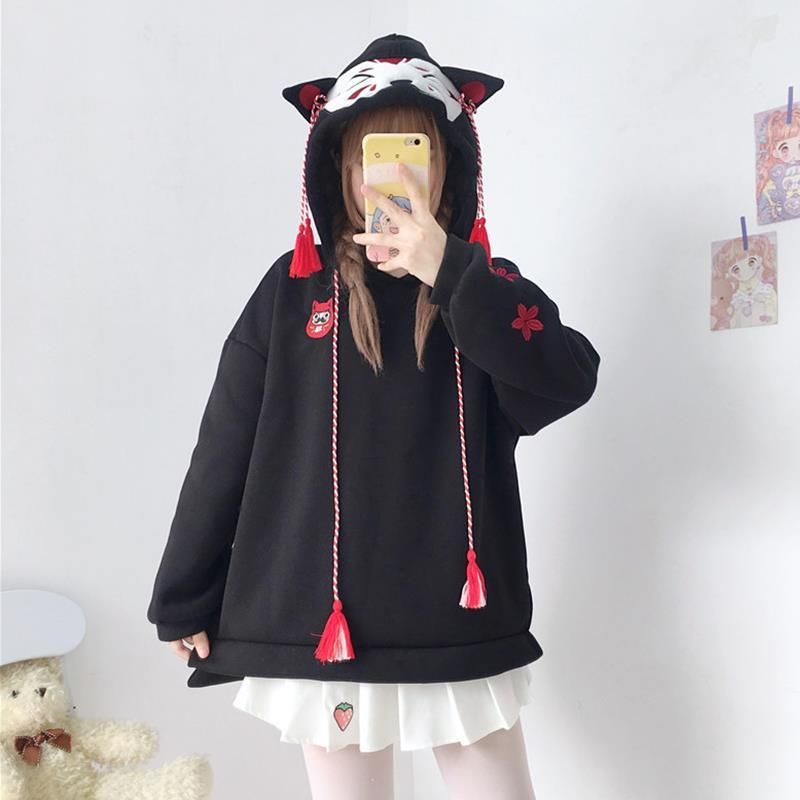 casual girl cat animal hoodies with ears and tail japanese embroidery  oversized hoodie cute sweatshirt girls