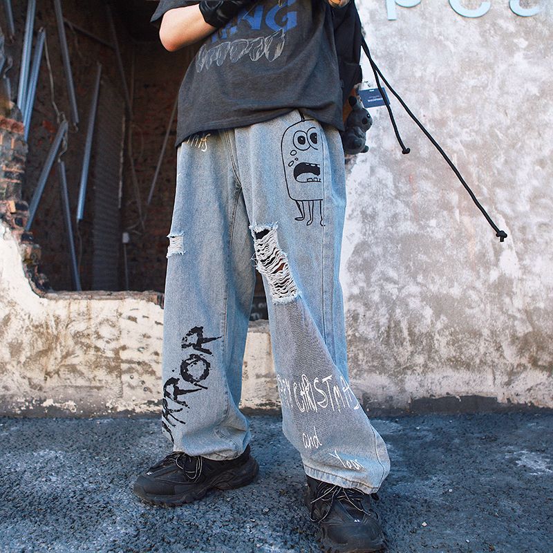 2020 Harajuku Graffiti Print Wide Leg Jeans Mens Womens Blue Wash Hole ...